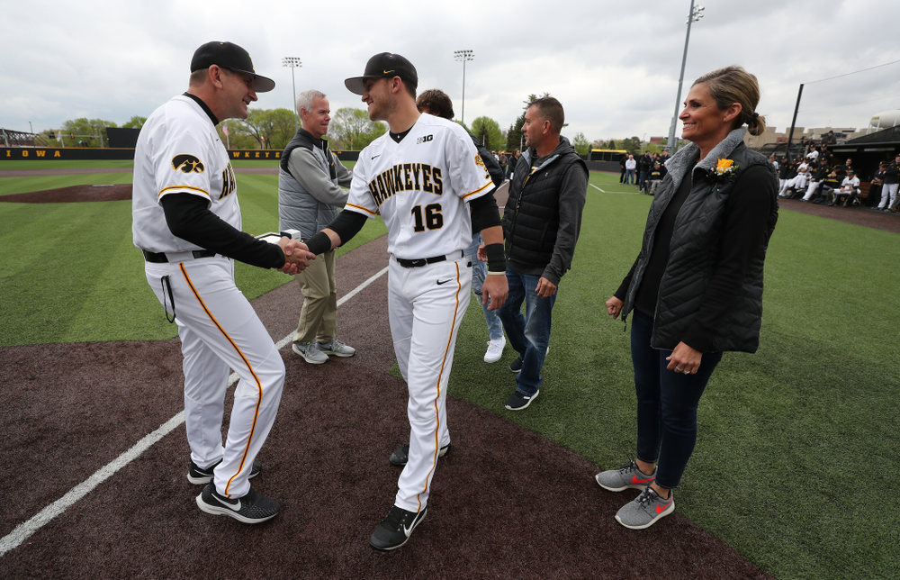 Iowa Hawkeyes Tanner Wetrich (16) during senior day festivities before their game against Michigan State Sunday, May 12, 2019 at Duane Banks Field. (Brian Ray/hawkeyesports.com)