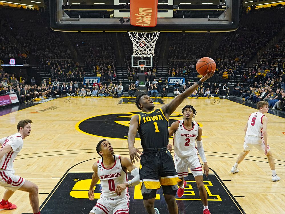 Iowa Hawkeyes guard Joe Toussaint (1) scores a basket during the first half of their game at Carver-Hawkeye Arena in Iowa City on Monday, January 27, 2020. (Stephen Mally/hawkeyesports.com)