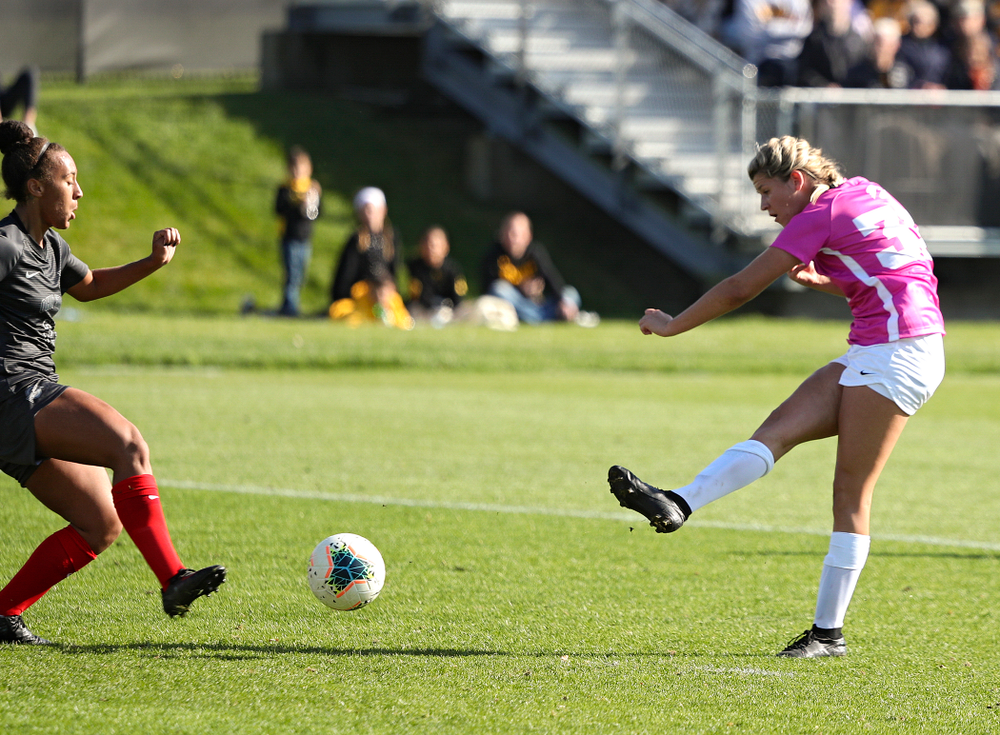 Iowa forward Gianna Gourley (32) scores a goal during the second half of their match at the Iowa Soccer Complex in Iowa City on Sunday, Oct 27, 2019. (Stephen Mally/hawkeyesports.com)