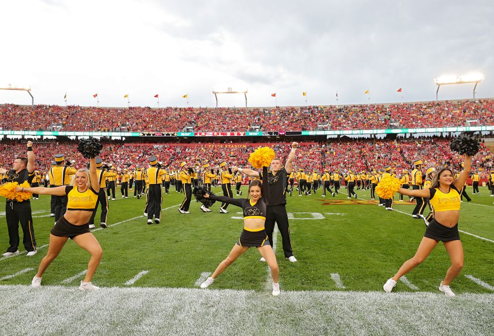 Iowa Spirit Squad members perform before the Iowa Corn Cy-Hawk Series game at Jack Trice Stadium in Ames on Saturday, Sep 14, 2019. (Stephen Mally/hawkeyesports.com)
