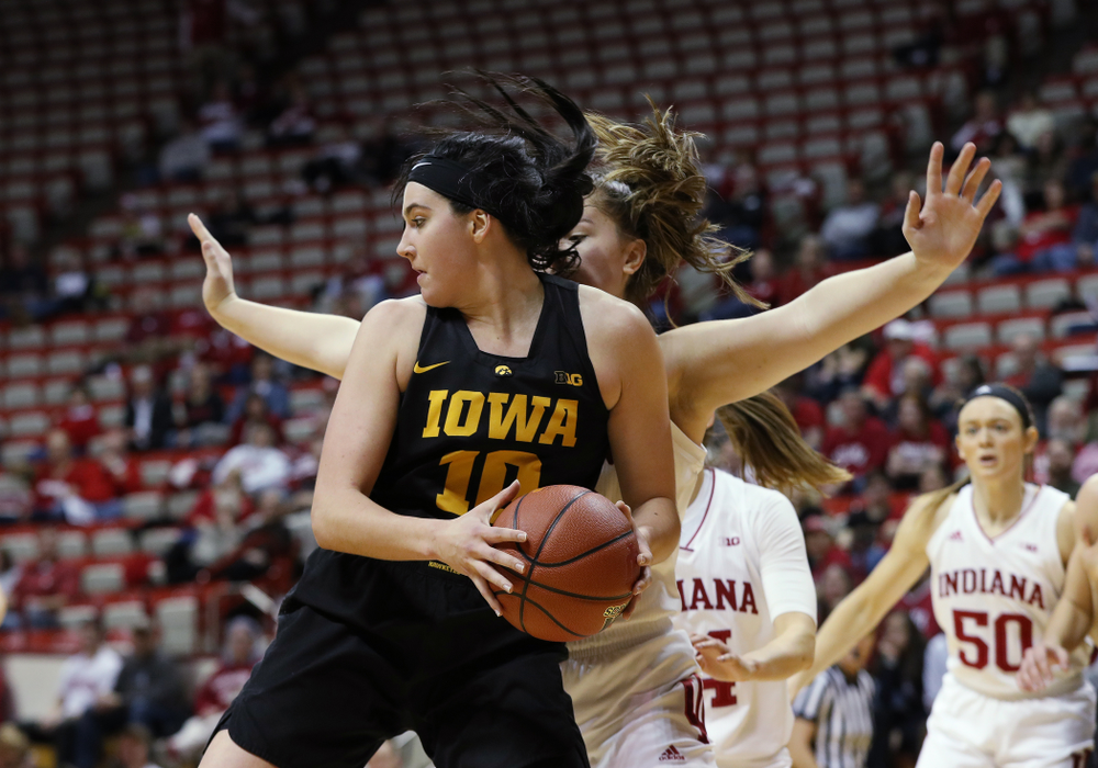 Iowa Hawkeyes forward Megan Gustafson (10) against the Indiana Hoosiers Thursday, February 21, 2019 at Simon Skjodt Assembly Hall. (Brian Ray/hawkeyesports.com)