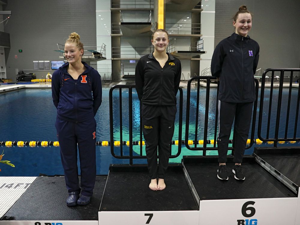 Iowa’s Samantha Tamborski on the awards stand after the women’s 3 meter diving final event during the 2020 Women’s Big Ten Swimming and Diving Championships at the Campus Recreation and Wellness Center in Iowa City on Friday, February 21, 2020. (Stephen Mally/hawkeyesports.com)