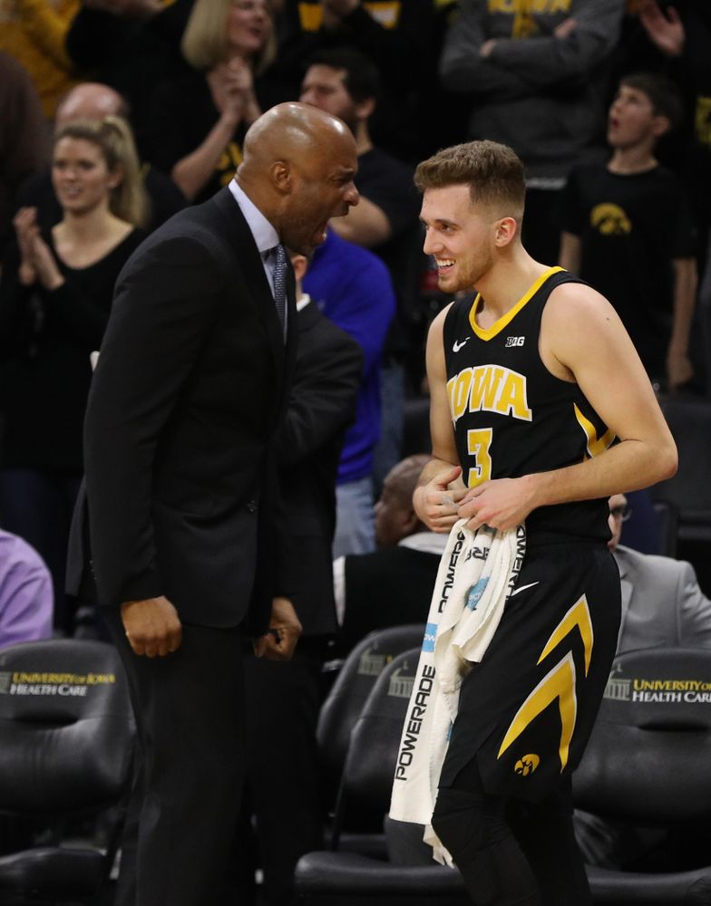 Iowa Hawkeyes guard Jordan Bohannon (3) and assistant coach Andrew Francis against the Indiana Hoosiers Friday, February 22, 2019 at Carver-Hawkeye Arena. (Brian Ray/hawkeyesports.com)