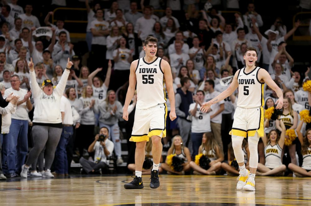 Iowa Hawkeyes forward Luka Garza (55) and guard CJ Fredrick (5) against the Illinois Fighting Illini Sunday, February 2, 2020 at Carver-Hawkeye Arena. (Brian Ray/hawkeyesports.com)