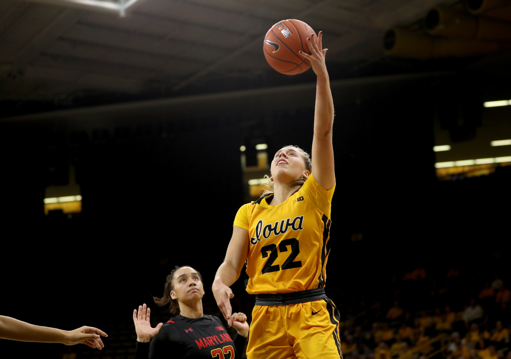 Iowa Hawkeyes guard Kathleen Doyle (22) against the Maryland Terrapins Thursday, January 9, 2020 at Carver-Hawkeye Arena. (Brian Ray/hawkeyesports.com)