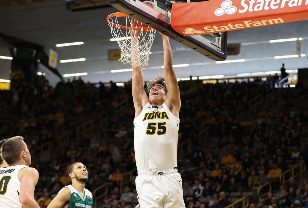 Iowa Hawkeyes forward Luka Garza (55) against UW Green Bay Sunday, November 11, 2018 at Carver-Hawkeye Arena. (Brian Ray/hawkeyesports.com)