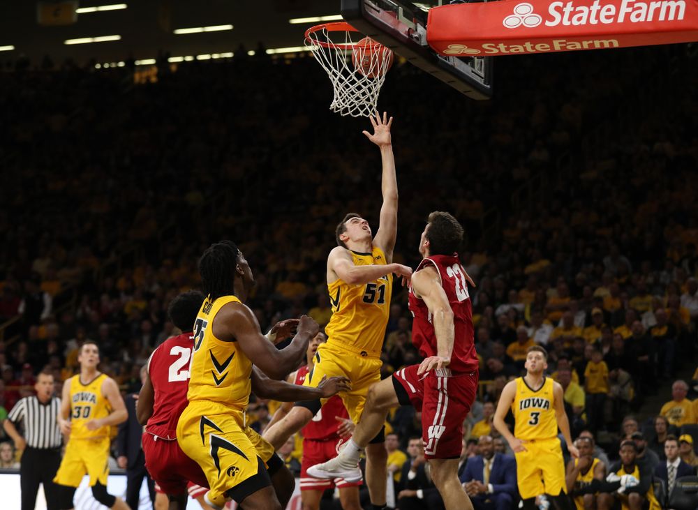 Iowa Hawkeyes forward Nicholas Baer (51) against the Wisconsin Badgers Friday, November 30, 2018 at Carver-Hawkeye Arena. (Brian Ray/hawkeyesports.com)