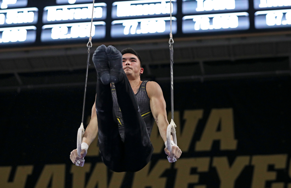 Iowa's Addison Chung competes in the rings during the first day of the Big Ten Men's Gymnastics Championships at Carver-Hawkeye Arena in Iowa City on Friday, Apr. 5, 2019. (Stephen Mally/hawkeyesports.com)
