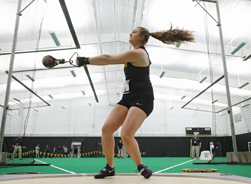 Iowa’s Amanda Howe throws in the women’s weight throw event during the Larry Wieczorek Invitational at the Hawkeye Tennis and Recreation Complex in Iowa City on Friday, January 17, 2020. (Stephen Mally/hawkeyesports.com)