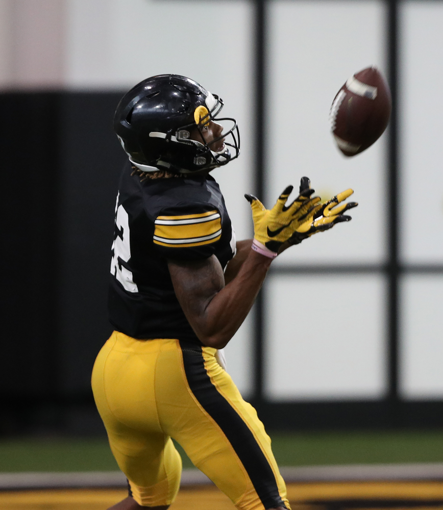 Iowa Hawkeyes wide receiver Brandon Smith (12) during preparation for the 2019 Outback Bowl Wednesday, December 19, 2018 at the Hansen Football Performance Center. (Brian Ray/hawkeyesports.com)