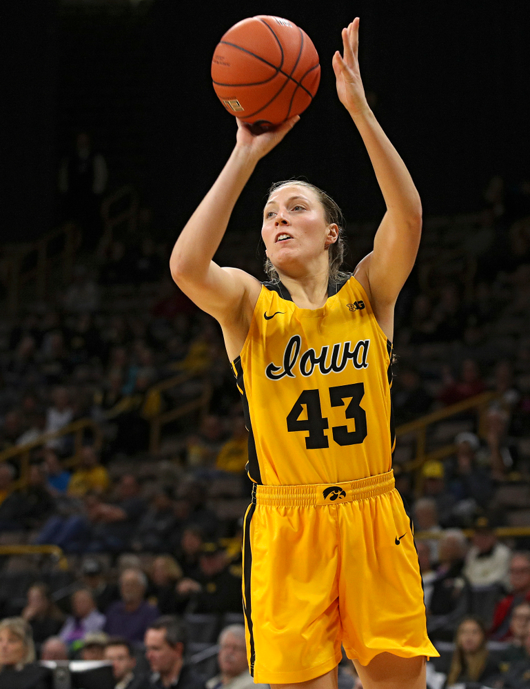 Iowa forward Amanda Ollinger (43) makes a basket during the third quarter of their game against Winona State at Carver-Hawkeye Arena in Iowa City on Sunday, Nov 3, 2019. (Stephen Mally/hawkeyesports.com)
