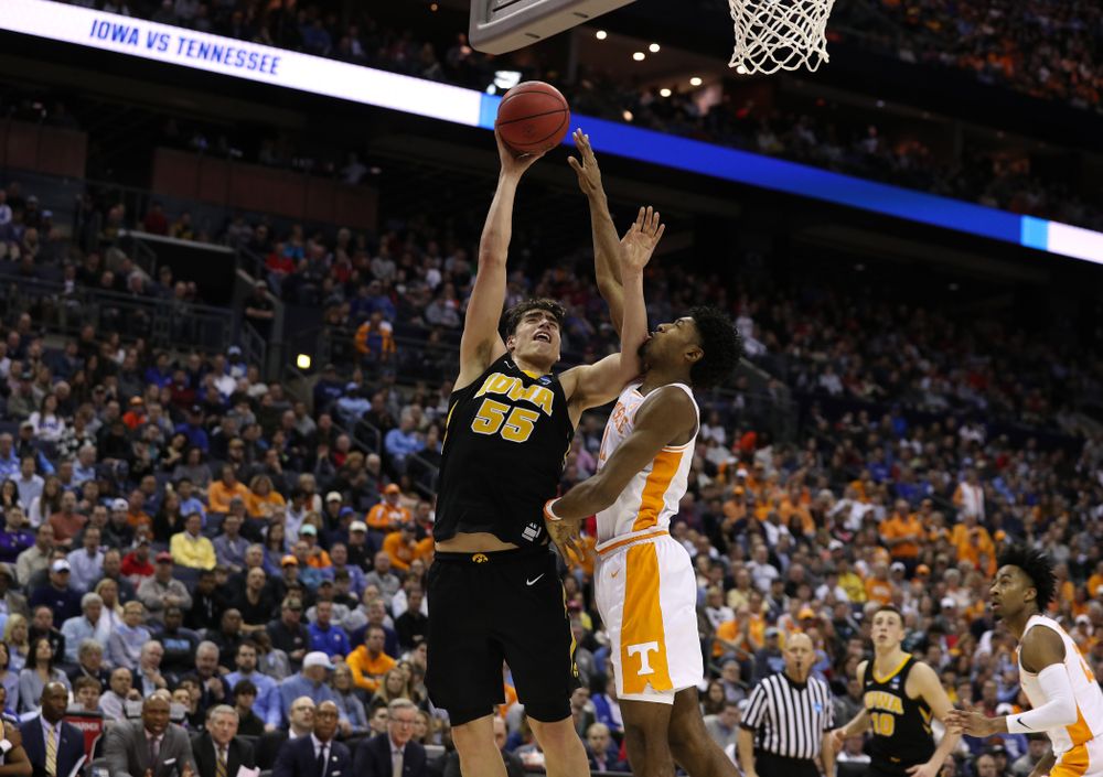Iowa Hawkeyes forward Luka Garza (55) against the Tennessee Volunteers in the second round of the 2019 NCAA Men's Basketball Tournament Sunday, March 24, 2019 at Nationwide Arena in Columbus, Ohio. (Brian Ray/hawkeyesports.com)