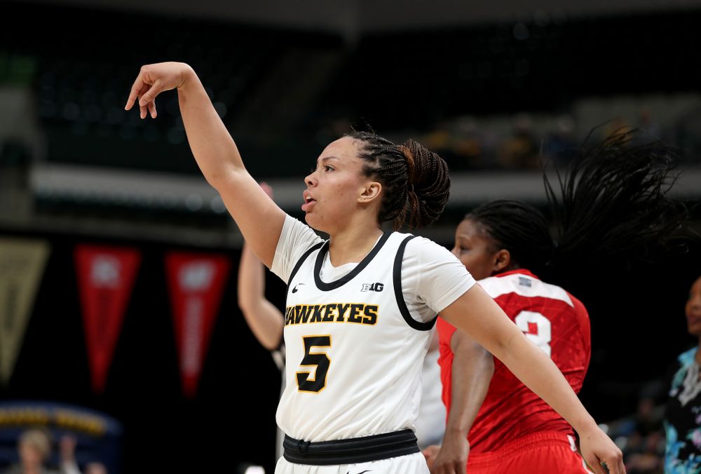 Iowa Hawkeyes guard Alexis Sevillian (5) against Ohio State in the quarterfinals of the Big Ten Basketball Tournament Friday, March 6, 2020 at Bankers Life Fieldhouse in Indianapolis. (Brian Ray/hawkeyesports.com)