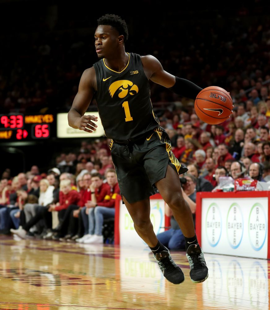 Iowa Hawkeyes guard Joe Toussaint (1) against the Iowa State Cyclones Thursday, December 12, 2019 at Hilton Coliseum in Ames, Iowa(Brian Ray/hawkeyesports.com)