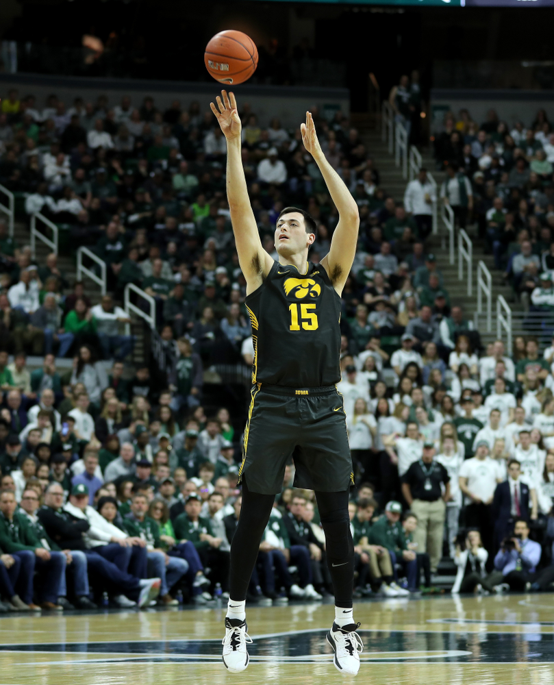 Iowa Hawkeyes forward Ryan Kriener (15) against Michigan State Tuesday, February 25, 2020 at the Breslin Center in East Lansing, MI. (Brian Ray/hawkeyesports.com)