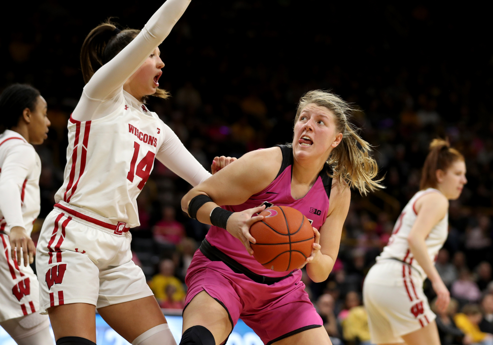 Iowa Hawkeyes forward/center Monika Czinano (25) against the Wisconsin Badgers Sunday, February 16, 2020 at Carver-Hawkeye Arena. (Brian Ray/hawkeyesports.com)