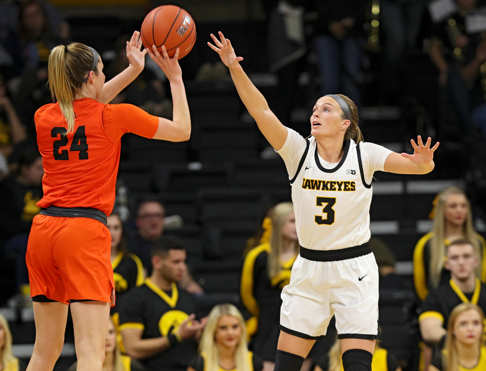Iowa guard Makenzie Meyer (3) defends during the fourth quarter of their overtime win against Princeton at Carver-Hawkeye Arena in Iowa City on Wednesday, Nov 20, 2019. (Stephen Mally/hawkeyesports.com)