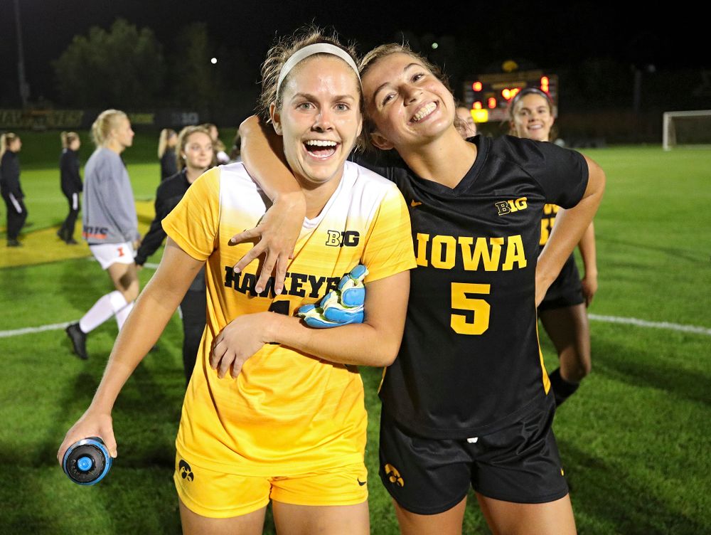 Iowa goalkeeper Claire Graves (1) and defender Riley Whitaker (5) celebrate together after their match against Illinois at the Iowa Soccer Complex in Iowa City on Thursday, Sep 26, 2019. (Stephen Mally/hawkeyesports.com)