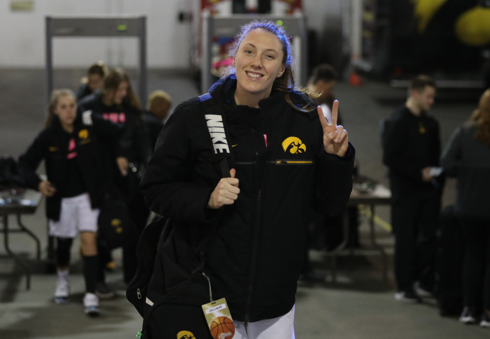 Iowa Hawkeyes forward Amanda Ollinger (43) against the Rutgers Scarlet Knights in the semi-finals of the Big Ten Tournament Saturday, March 9, 2019 at Bankers Life Fieldhouse in Indianapolis, Ind. (Brian Ray/hawkeyesports.com)