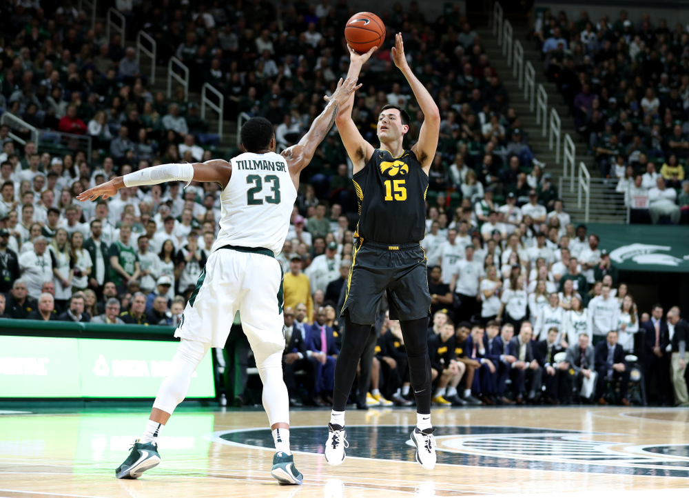 Iowa Hawkeyes forward Ryan Kriener (15) against Michigan State Tuesday, February 25, 2020 at the Breslin Center in East Lansing, MI. (Brian Ray/hawkeyesports.com)