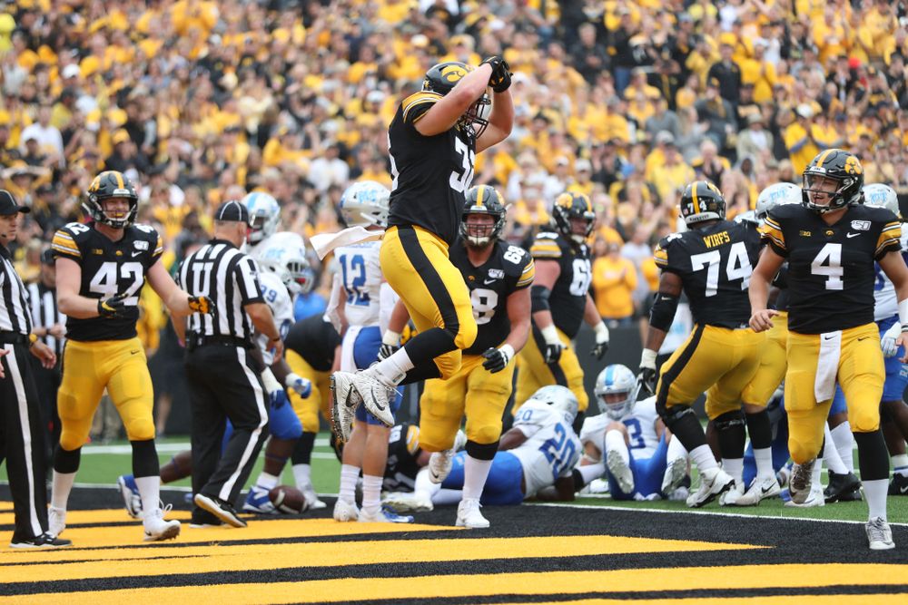 Iowa Hawkeyes fullback Brady Ross (36) celebrates a touchdown against Middle Tennessee State Saturday, September 28, 2019 at Kinnick Stadium. (Max Allen/hawkeyesports.com)