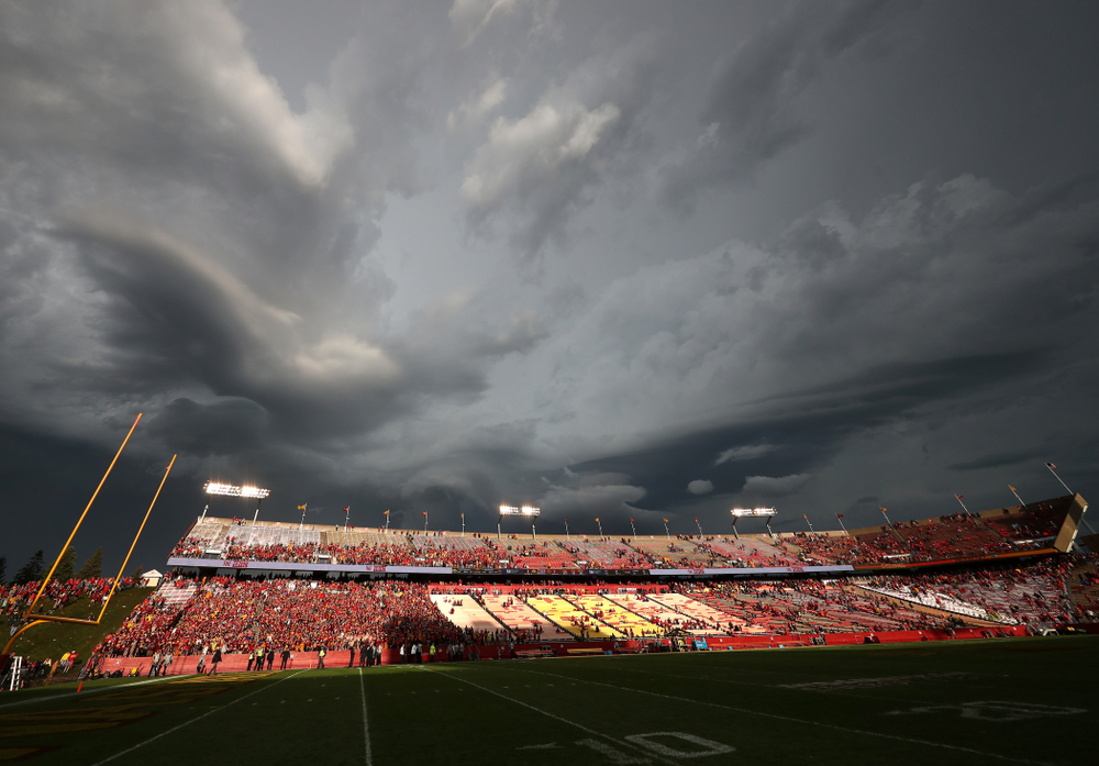 The sky begins to clear over Jack Trice Stadium during a weather delay in the Iowa Hawkeyes game against the Iowa State Cyclones Saturday, September 14, 2019 in Ames, Iowa. (Brian Ray/hawkeyesports.com)