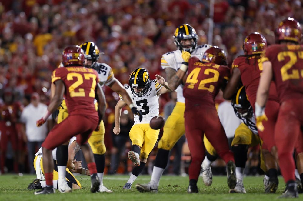 Iowa Hawkeyes place kicker Keith Duncan (3) kicks a field goal against the Iowa State Cyclones Saturday, September 14, 2019 in Ames, Iowa. (Brian Ray/hawkeyesports.com)