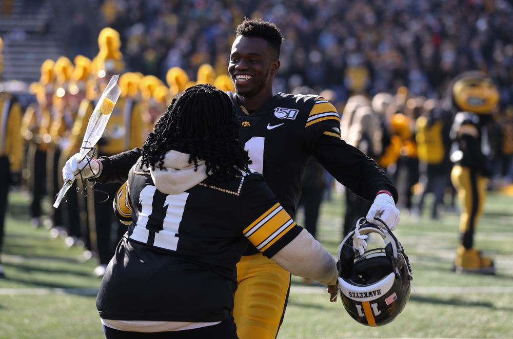 Iowa Hawkeyes defensive back Michael Ojemudia (11) during Senior Day festivities before their game against the Illinois Fighting Illini Saturday, November 23, 2019 at Kinnick Stadium. (Brian Ray/hawkeyesports.com)