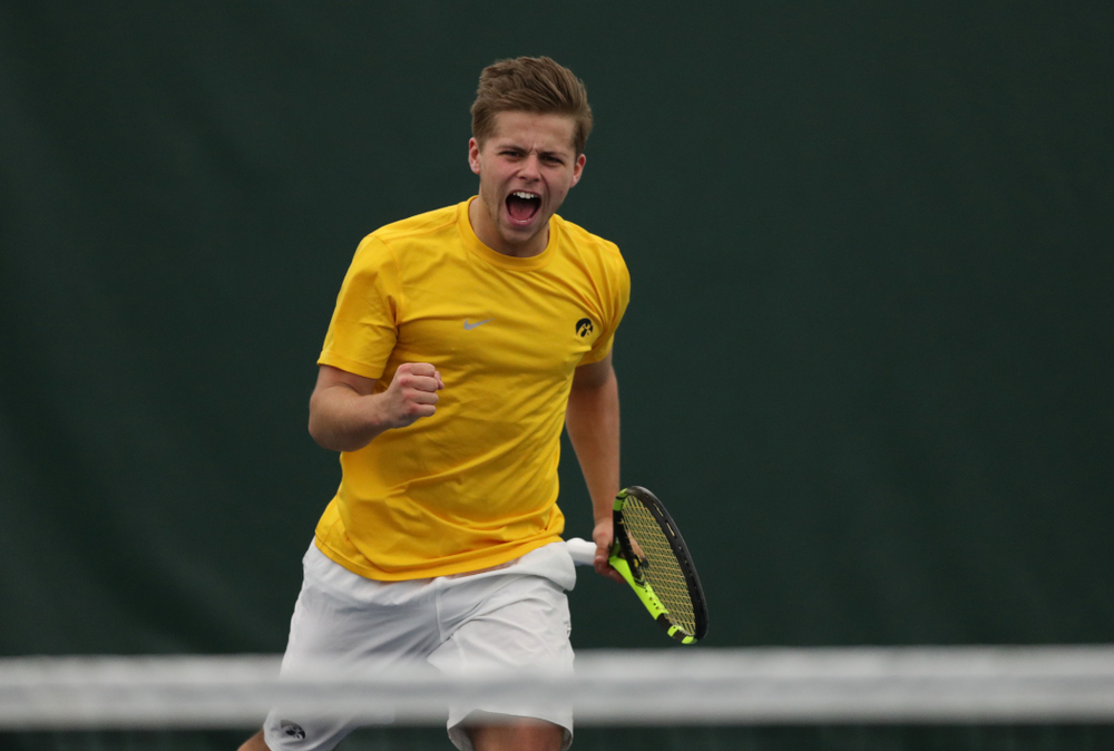 Will Davies against Utah Sunday, February 10, 2019 at the Hawkeye Tennis and Recreation Complex. (Brian Ray/hawkeyesports.com)