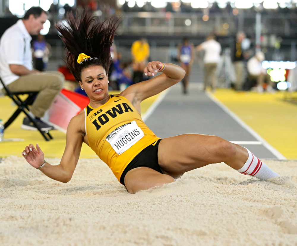 Iowa’s Dallyssa Huggins competes in the women’s long jump event at the Black and Gold Invite at the Recreation Building in Iowa City on Saturday, February 1, 2020. (Stephen Mally/hawkeyesports.com)