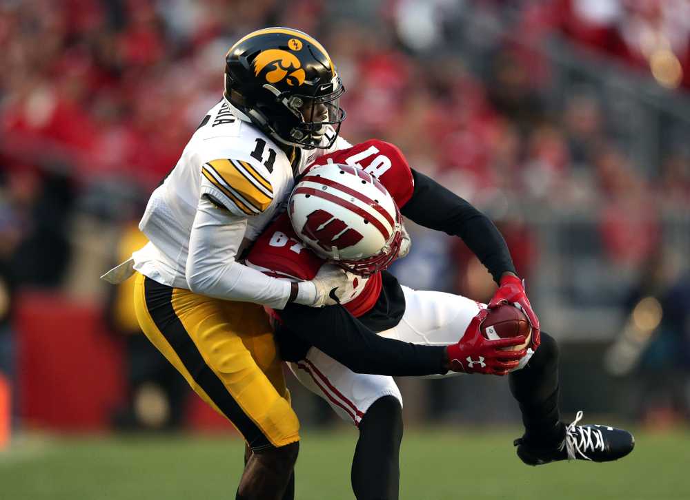 Iowa Hawkeyes defensive back Michael Ojemudia (11) against the Wisconsin Badgers Saturday, November 9, 2019 at Camp Randall Stadium in Madison, Wisc. (Brian Ray/hawkeyesports.com)