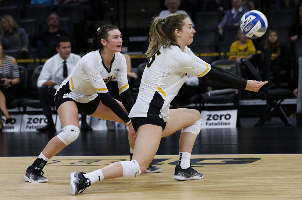 Iowa Hawkeyes outside hitter Meghan Buzzerio (5) bumps the ball during a match against Penn State at Carver-Hawkeye Arena on November 3, 2018. (Tork Mason/hawkeyesports.com)