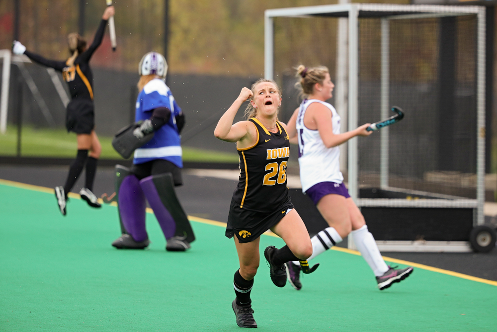 Iowa’s Maddy Murphy (26) celebrates after scoring a goal during the fourth quarter of their game at Grant Field in Iowa City on Saturday, Oct 26, 2019. (Stephen Mally/hawkeyesports.com)