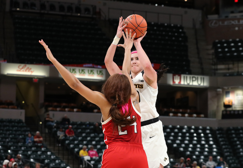 Iowa Hawkeyes forward Megan Gustafson (10) against the Rutgers Scarlet Knights in the semi-finals of the Big Ten Tournament Saturday, March 9, 2019 at Bankers Life Fieldhouse in Indianapolis, Ind. (Brian Ray/hawkeyesports.com)