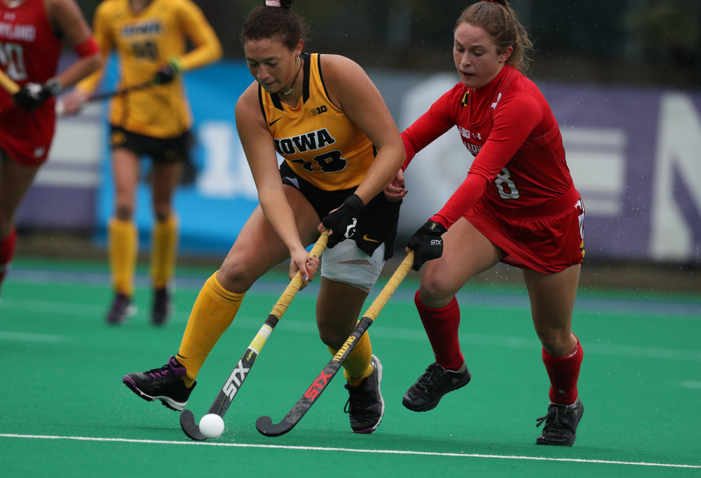 Iowa Hawkeyes Mya Christopher (18) against Maryland during the championship game of the Big Ten Tournament Sunday, November 4, 2018 at Lakeside Field in Evanston, Ill. (Brian Ray/hawkeyesports.com)