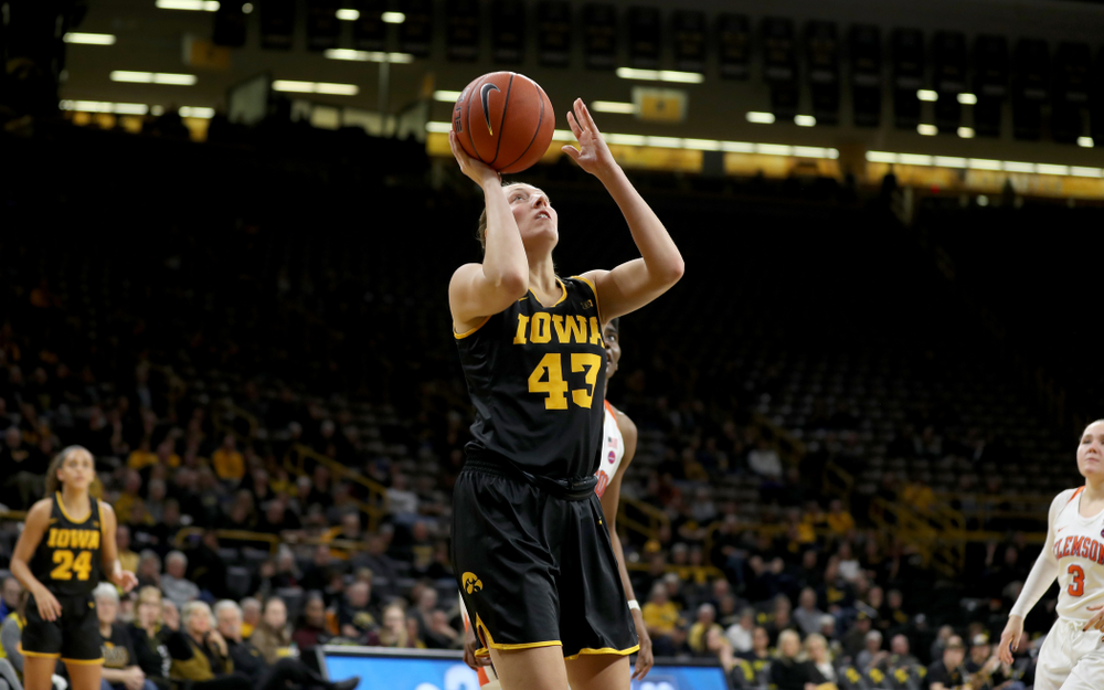 Iowa Hawkeyes forward Amanda Ollinger (43) against Clemson Wednesday, December 4, 2019 at Carver-Hawkeye Arena. (Brian Ray/hawkeyesports.com)