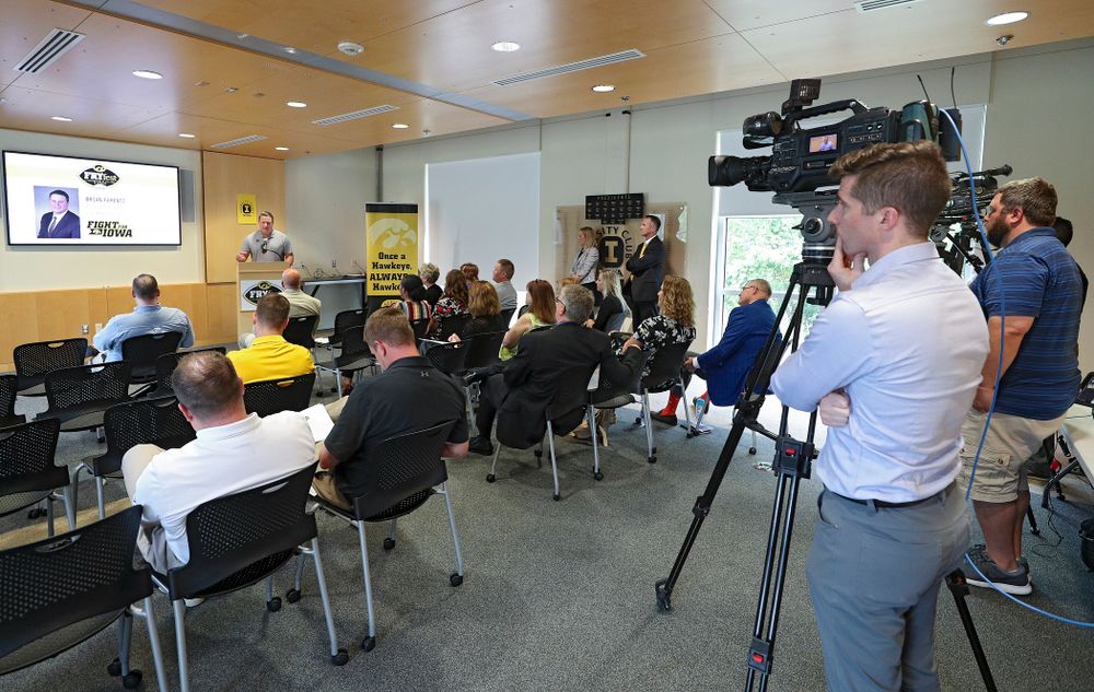 Brian Ferentz, Offensive Coordinator for Iowa Football, speaks during the press conference to discuss FryFEST and announce the 2019 Iowa Athletics Hall of Fame members in the Varsity Club Room at the University of Iowa Athletics Hall of Fame in Iowa City on Tuesday, Jun 11, 2019. (Stephen Mally/hawkeyesports.com)