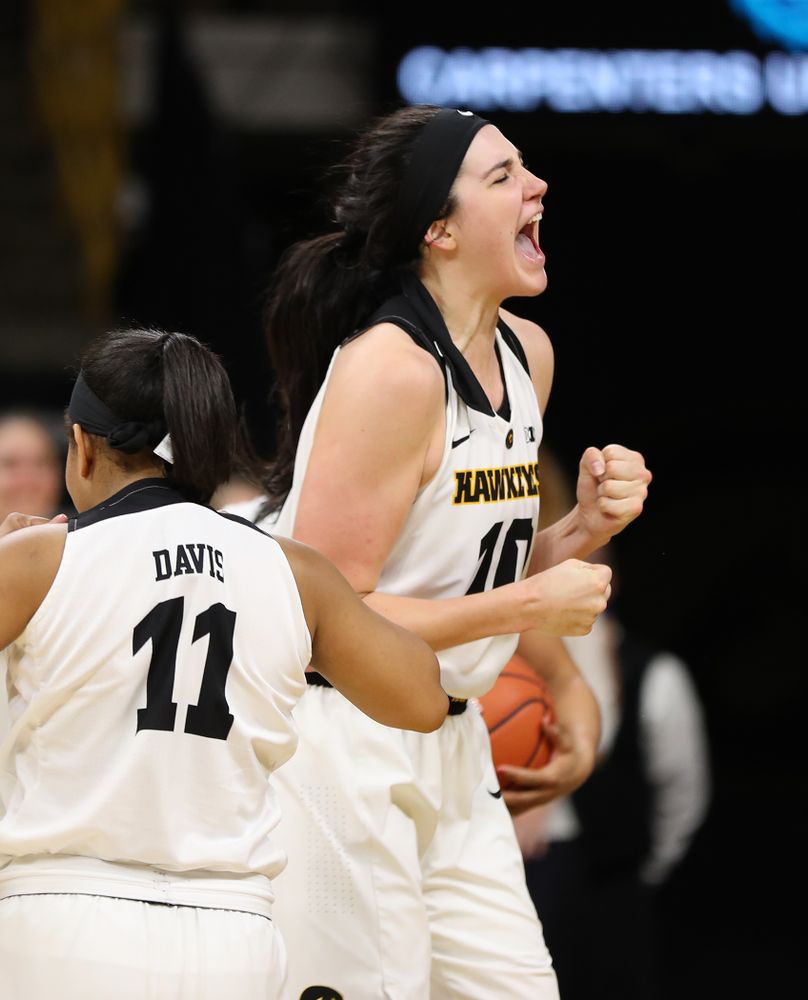 Iowa Hawkeyes forward Megan Gustafson (10) celebrates following a play against the Nebraska Cornhuskers Thursday, January 3, 2019 at Carver-Hawkeye Arena. (Brian Ray/hawkeyesports.com)