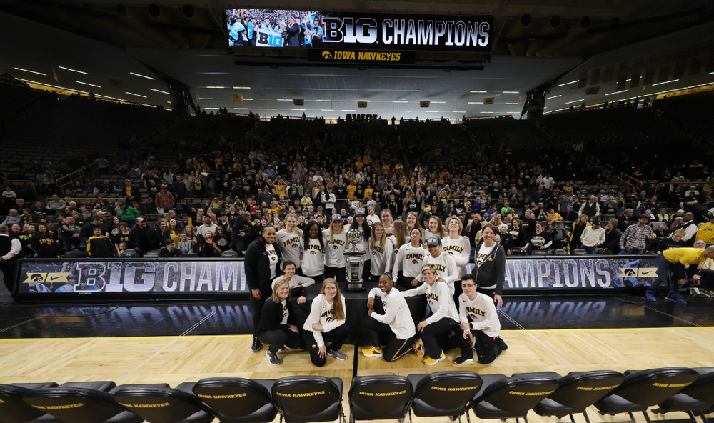 The Iowa Hawkeyes during a celebration of their Big Ten Women's Basketball Tournament championship Monday, March 18, 2019 at Carver-Hawkeye Arena. (Brian Ray/hawkeyesports.com)