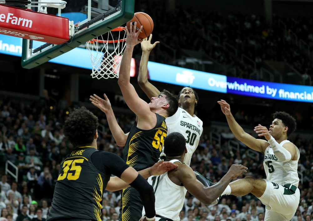Iowa Hawkeyes forward Luka Garza (55) against Michigan State Tuesday, February 25, 2020 at the Breslin Center in East Lansing, MI. (Brian Ray/hawkeyesports.com)