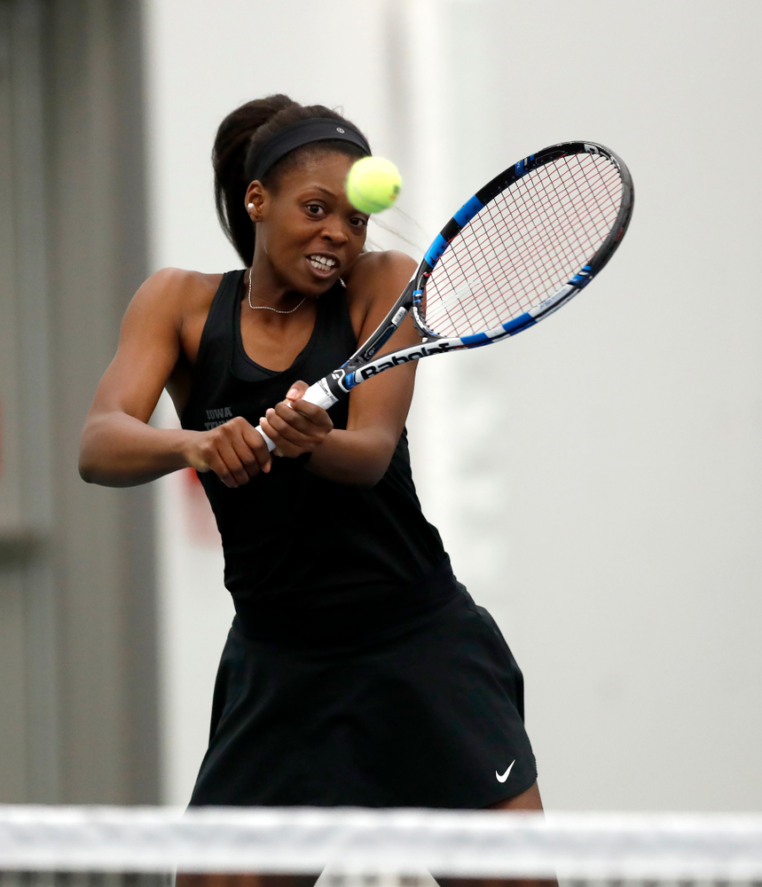 Adorable Huckleby and Zoe Douglas play a doubles match against Ohio State Sunday, March 25, 2018 at the Hawkeye Tennis and Recreation Center. (Brian Ray/hawkeyesports.com)