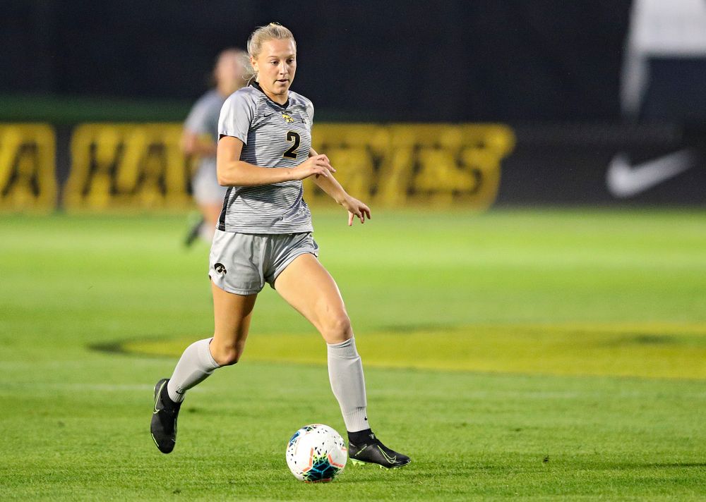 Iowa midfielder Hailey Rydberg (2) moves with the ball during the first half of their match at the Iowa Soccer Complex in Iowa City on Friday, Sep 13, 2019. (Stephen Mally/hawkeyesports.com)