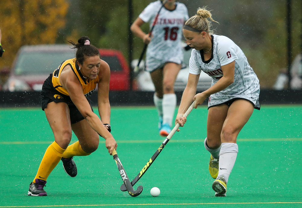 Iowa Hawkeyes forward Mya Christopher (18) dribbles during a game against Stanford at Grant Field on October 7, 2018. (Tork Mason/hawkeyesports.com)