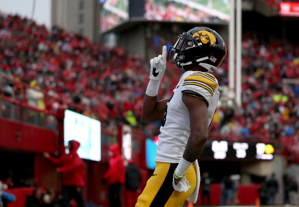 Iowa Hawkeyes wide receiver Ihmir Smith-Marsette (6) returns a kickoff for a touchdown against the Nebraska Cornhuskers Friday, November 29, 2019 at Memorial Stadium in Lincoln, Neb. (Brian Ray/hawkeyesports.com)