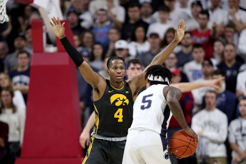 Iowa Hawkeyes guard Bakari Evelyn (4) against Penn State Saturday, January 4, 2020 at the Palestra in Philadelphia. (Brian Ray/hawkeyesports.com)