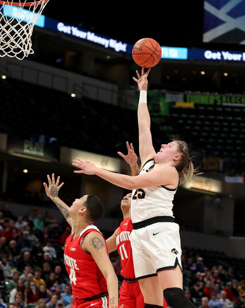 Iowa Hawkeyes forward/center Monika Czinano (25) against Ohio State in the quarterfinals of the Big Ten Basketball Tournament Friday, March 6, 2020 at Bankers Life Fieldhouse in Indianapolis. (Brian Ray/hawkeyesports.com)