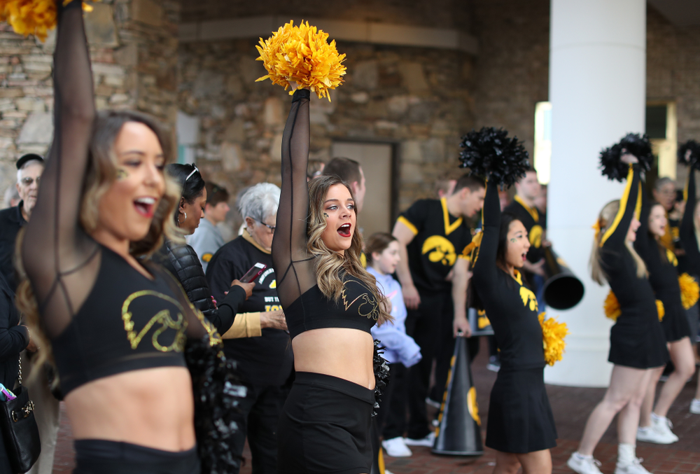 The Iowa Dance Team during a send off at the hotel before their game against the NC State Wolfpack in the regional semi-final of the 2019 NCAA Women's College Basketball Tournament Saturday, March 30, 2019 at Greensboro Coliseum in Greensboro, NC.(Brian Ray/hawkeyesports.com)