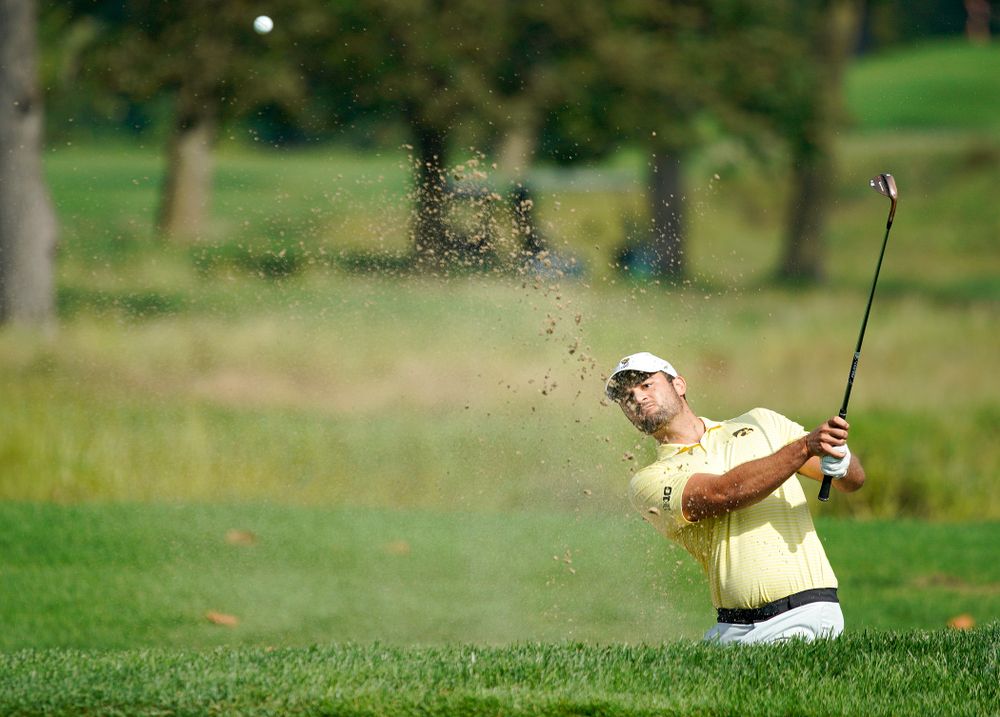 Iowa’s Gonzalo Leal hits from a sand trap during the third day of the Golfweek Conference Challenge at the Cedar Rapids Country Club in Cedar Rapids on Tuesday, Sep 17, 2019. (Stephen Mally/hawkeyesports.com)