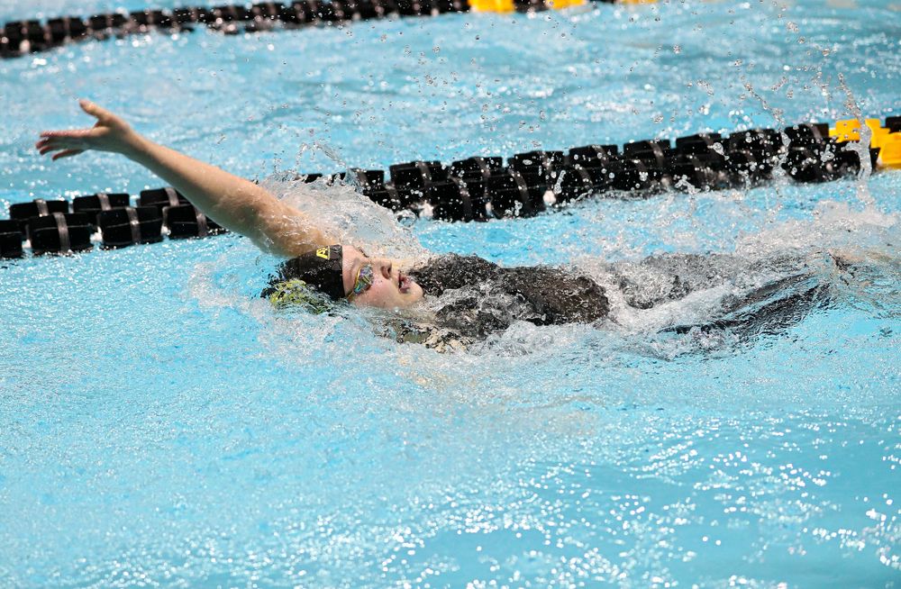 Iowa’s Emilia Sansome swims the women’s 200 yard backstroke final event during the 2020 Women’s Big Ten Swimming and Diving Championships at the Campus Recreation and Wellness Center in Iowa City on Saturday, February 22, 2020. (Stephen Mally/hawkeyesports.com)