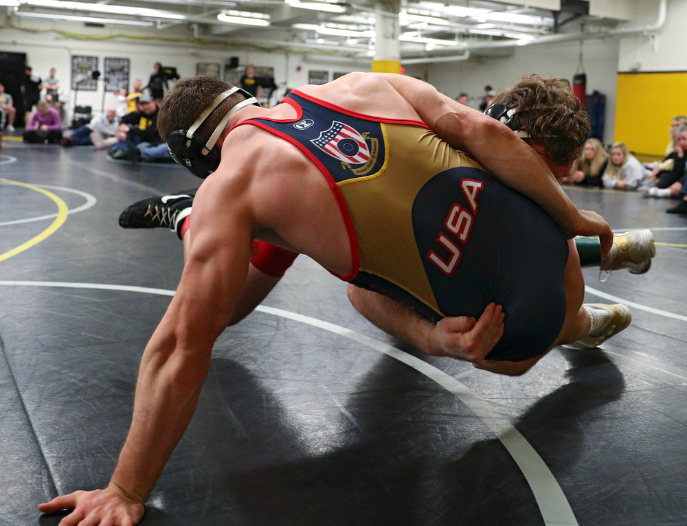 Iowa’s Sam Cook (from left) drives into Connor Corbin during their preseason match at the Dan Gable Wrestling Complex at Carver-Hawkeye Arena in Iowa City on Thursday, Nov 7, 2019. (Stephen Mally/hawkeyesports.com)